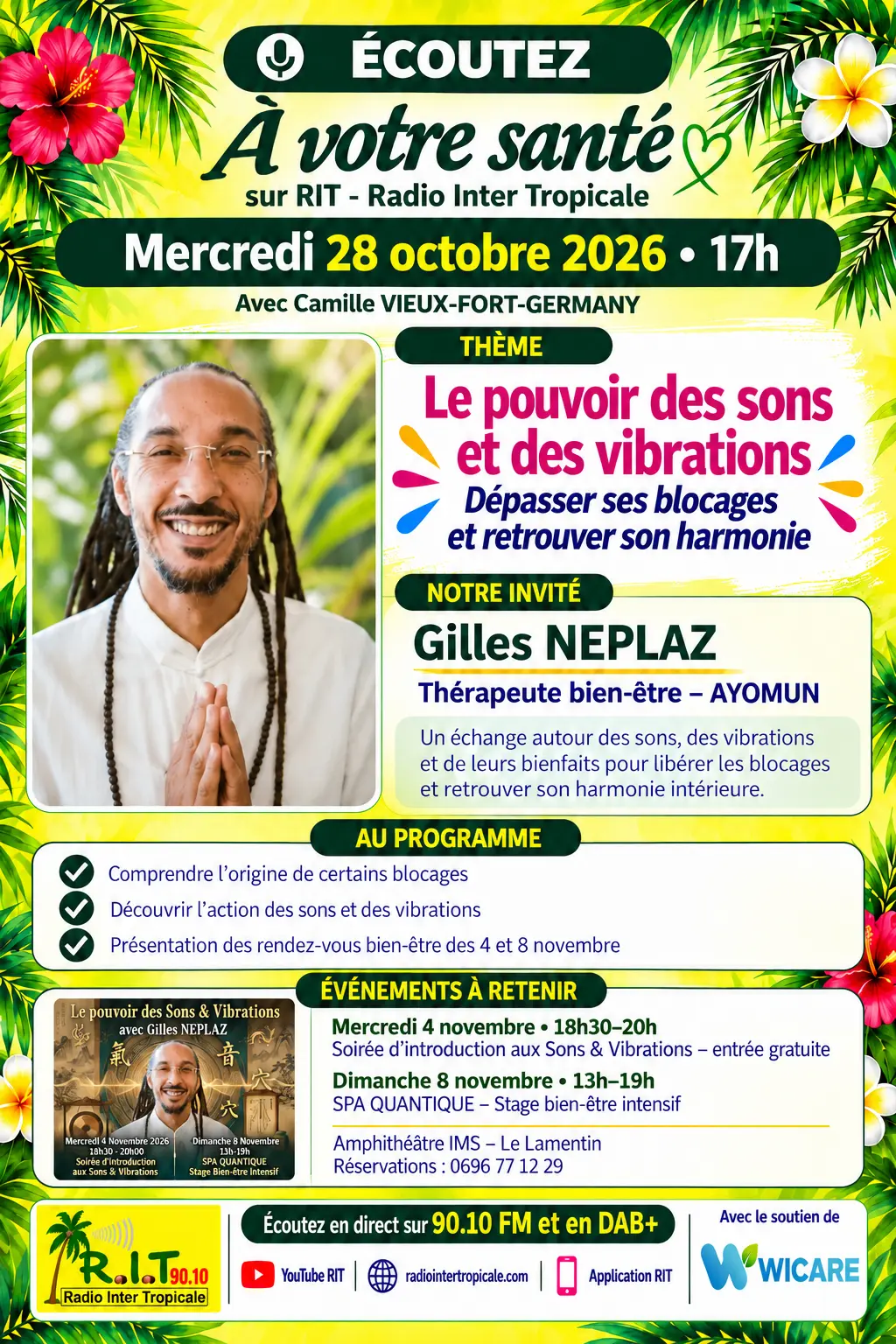Flyer de l’émission À votre santé du 28 octobre 2026 avec Gilles Neplaz, consacrée au pouvoir des sons et des vibrations