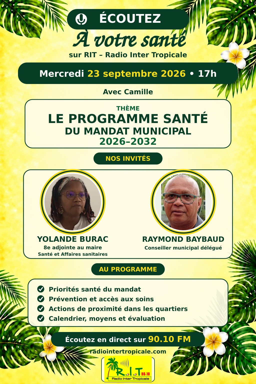 À votre santé, mercredi 23 septembre 2026 à 17 h : le programme santé du mandat municipal 2026–2032, avec Yolande Burac et Raymond Baybaud